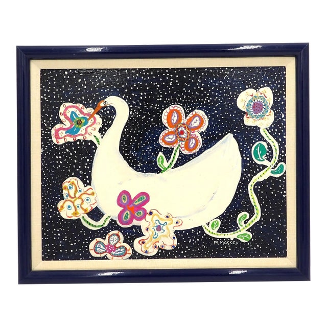 Framed Acrylic Painting Abstract Goose/Swan With Flowers Signed For Sale