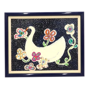 Framed Acrylic Painting Abstract Goose/Swan With Flowers Signed