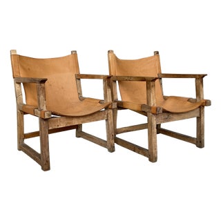 Mid-Century Spanish Sling Lounge Chairs in Saddle Leather and Wood, 1960s, Set of 2 For Sale