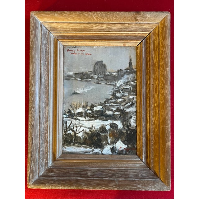 Wood 1930's Impressionist Winter Snow Scene Oil Painting on Canvas "Bund of Shanghai Covered With Snow" For Sale - Image 7 of 11