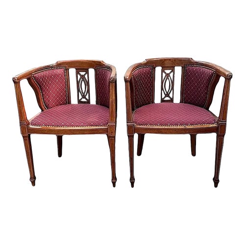 Fine Antique Edwardian Inlay Mahogany Upholstered Club Chairs With