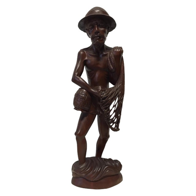 Hand Carved Rosewood 25" Asian Fisherman Statue For Sale