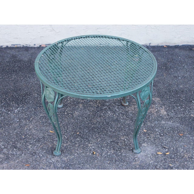 Wrought Iron Outdoor Round Mesh Top Patio Table With Floral Motif For Sale - Image 13 of 17
