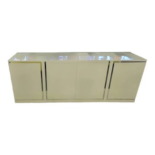 White Lacquered Credenza With Chrome Trim For Sale
