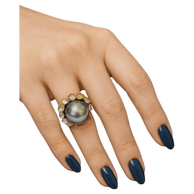 Bochic “Orient” Vintage Tahiti Pearl & Multi Sapphire Ring Set 18K Gold & Silver For Sale - Image 4 of 10