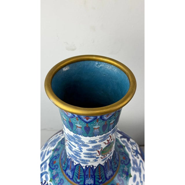 Monumental Pair of Chinese Cloisonne Enamel Blue and White Dragons Vases For Sale - Image 15 of 16