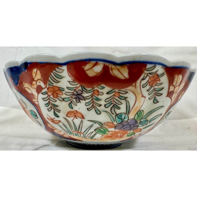 Vintage Scalloped Edge Imari Bowl Decorated With Colorful Floral Patterns & Butterflies From Japan - Circa 1940 For Sale - Image 12 of 12