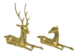 Vintage Brass Buck and Doe Reclining Deer Figurines - a Pair
