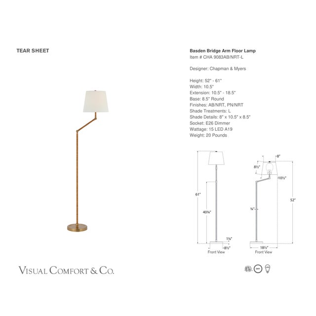 Chapman & Myers by Visual Comfort Signature Basden Bridge Arm Floor Lamp in Antique-Burnished Brass and Natural Rattan...