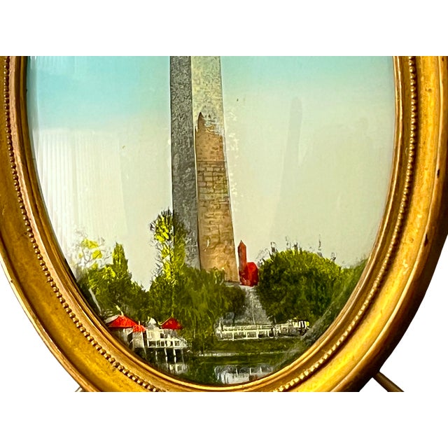 American Antique Reverse-Painted Washington Monument Glass Plaque in Oval Brass Frame, Circa 1900 For Sale - Image 3 of 7