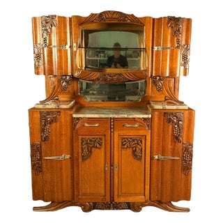 Art Nouveau Buffet in Oak with Marble, Cut Glass and Floral Carvings, 1910 For Sale