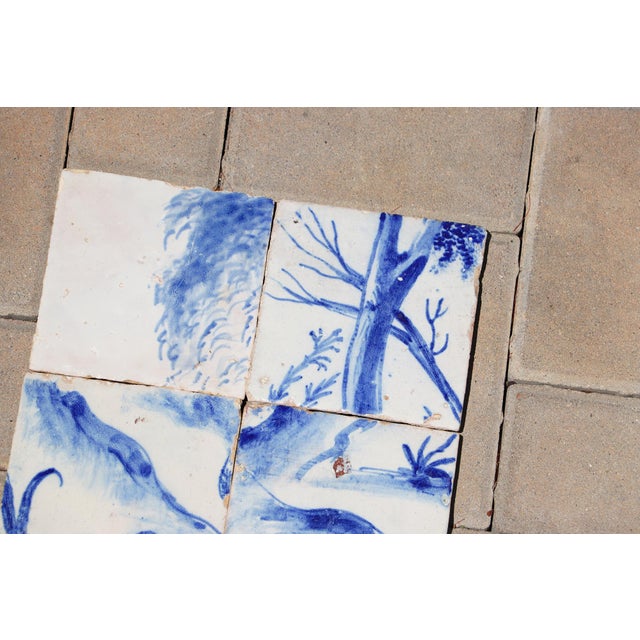 Ceramic Antique Set of 6 Baroque Portuguese Tiles, 18th Century Blue & White Landscape and Botanical Scene For Sale - Image 7 of 8