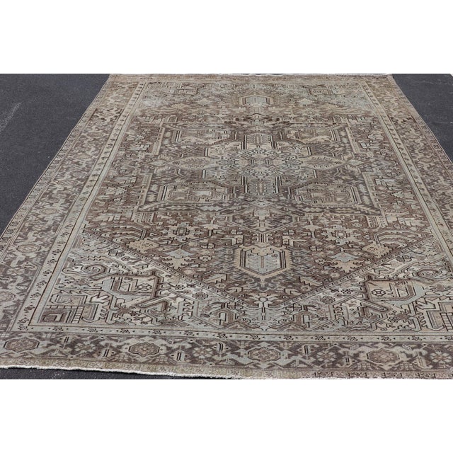 Textile Antique Persian Heriz Rug With Geometric Medallion and Soft Neutral Tones For Sale - Image 7 of 15