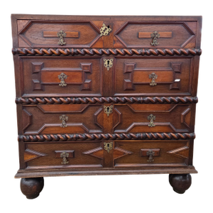 Antique Oak Jacobean 4 Drawer Chest on Large Bun Feet