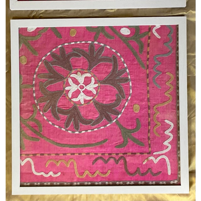 Exquisite Pair of Hand-Embroidered Antique Silk Suzani Framed Silk-on-Silk For Sale In Miami - Image 6 of 14