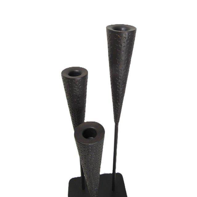 Vintage Brutalist Rustic 3 Head Candleabra Hammered Iron 18" For Sale - Image 4 of 12