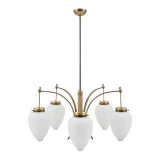 1950s Elegant Five-Arm Brass Chandelier With Frosted Glass Drops For Sale