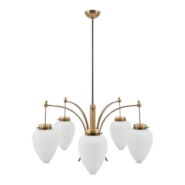 1950s Elegant Five-Arm Brass Chandelier With Frosted Glass Drops For Sale