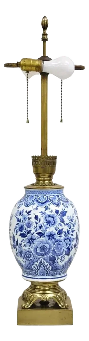 Vintage Chinoiserie Oriental Blue & White Brass & Porcelain Egg Table Lamp