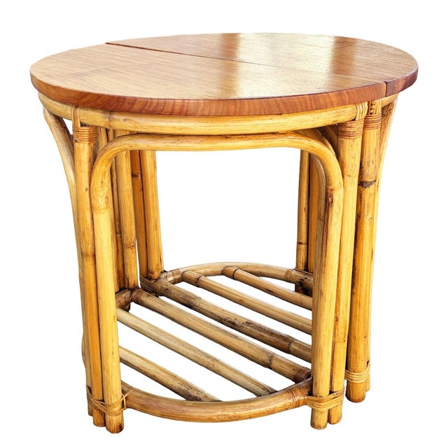 1940s 1940s Restored Rattan and Mahogany Half Moon Side Tables With Storage Rack For Sale - Image 5 of 5