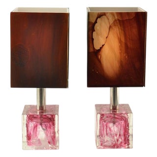Cubic Pink Glass Table Lamps from Poliarte, 1960, Set of 2 For Sale