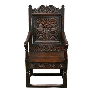 English Jacobean 1690s Oak High Back Armchair with Carved Décor and Turned Legs For Sale