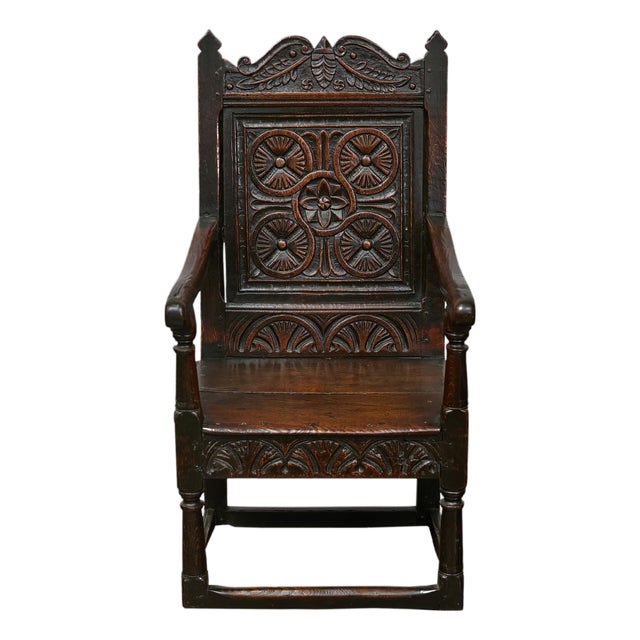 English Jacobean 1690s Oak High Back Armchair with Carved Décor and Turned Legs For Sale