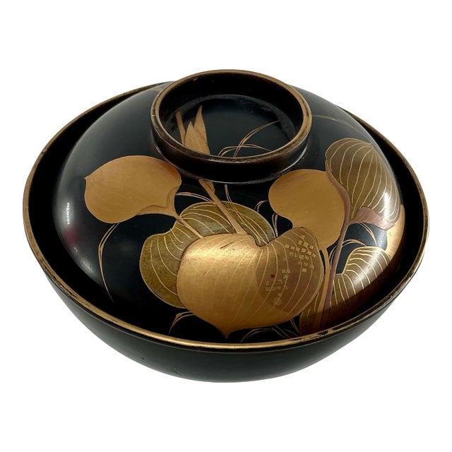 Antique Japanese Gold Decorated Maki-E Laquer Bowl With Lid For Sale
