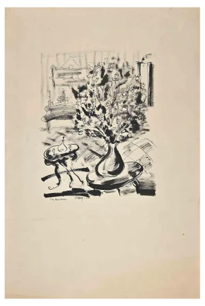 Robert Naly, Flowers, Original Ink Drawing, Mid 20th-Century