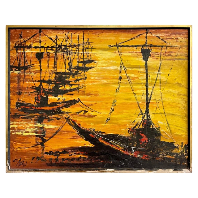 1940s Nautical Oil Painting of Fishing Boats, Framed For Sale - Image 13 of 13