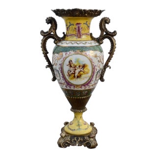 French Sevres Style Porcelain Urn Vase Vintage Gilt Bronze Ormolu Cherub Putti For Sale