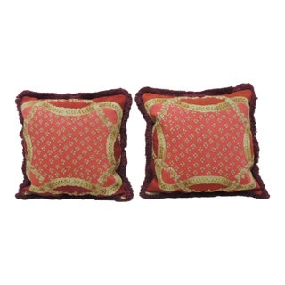 Red and Gold Ribbon Pattern Antique Tapestry Decorative Pillows - Set of 2 For Sale