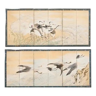 Pair of Japanese Meiji Six Panel Screen Cranes Above Cresting Waves For Sale