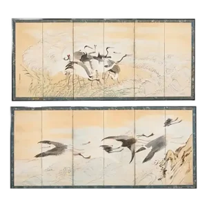 Pair of Japanese Meiji Six Panel Screen Cranes Above Cresting Waves