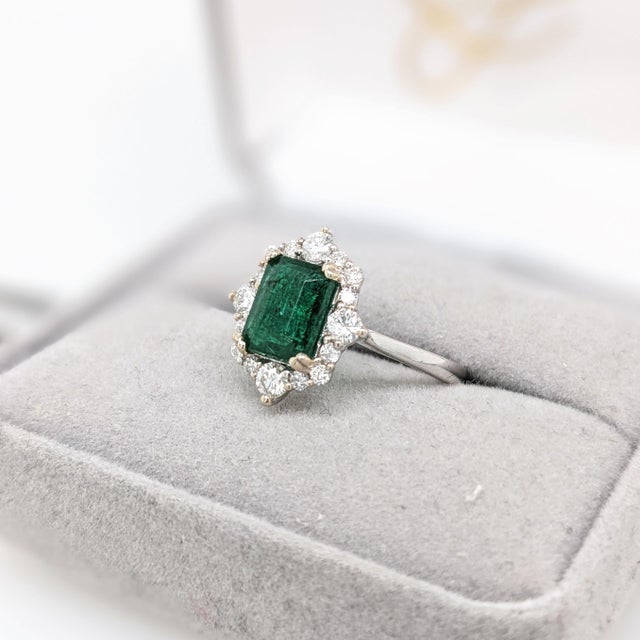 Art Deco 1.5cts 8x6mm Zambian Emerald Ring With Natural Diamond Halo in 14k White Gold, Size 6.75 For Sale - Image 3 of 8