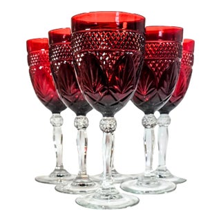 Vintage Carved Ruby Goblets- Set of 6 For Sale