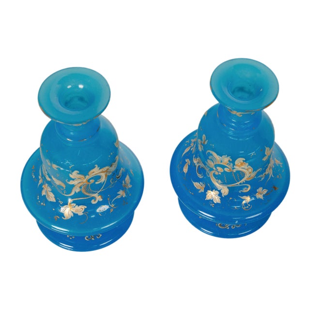Antique Pair of French Blue Opaline Gilded Enamel Glass Perfume Bottles Flacon 1850 For Sale - Image 13 of 17