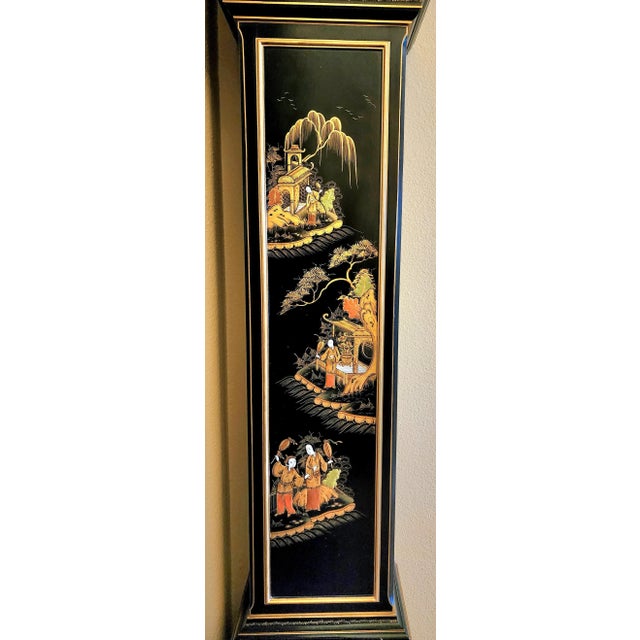 1970s Elegant Elliott of London Modern Black Chinoiserie Long Case Clock For Sale - Image 5 of 12