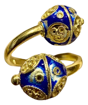 Two Enamel Balls Bypass Cocktail Ring Size 4 in 18 Karat Yellow Gold, 4.4 Gm