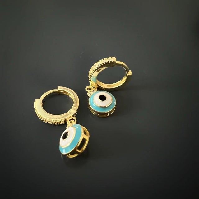 Turquoise Turquoise Enamel Diamond Hoop Evil Eye Earrings, A Pair For Sale - Image 8 of 9