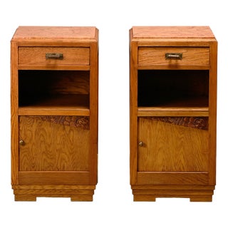 French Art Deco Oak and Marble Nightstands, 1930s, Set of 2 For Sale