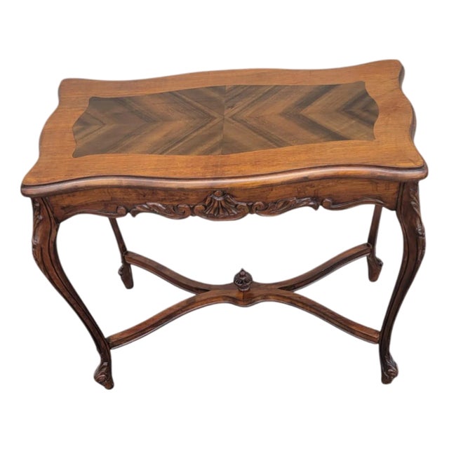 1930s French Louis XV Style Walnut Side Table – Carved Cabriole Legs & Inlaid For Sale