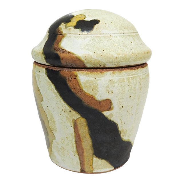 Mid 20th Century Abstract Glaze Lidded Pottery Jar For Sale