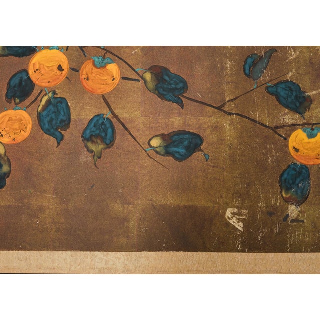 Japanese Showa Painted Panel Screen Persimmon Branch For Sale - Image 13 of 17