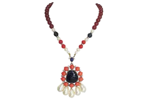 Signed Gerard Yosca Faux-Baroque Pearl & Rhinestone Pendant Necklace