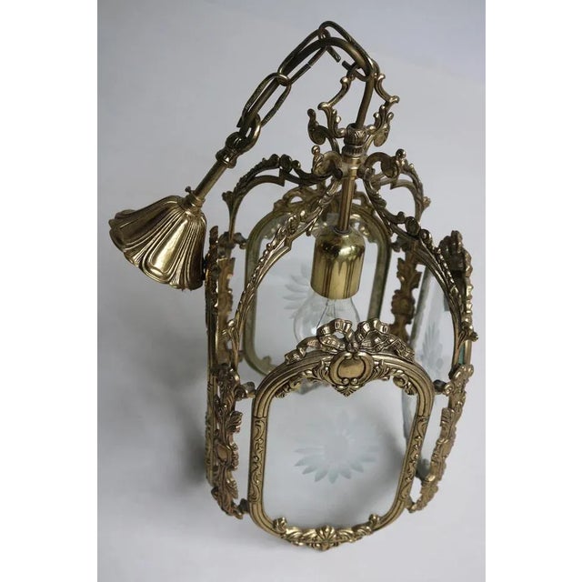 French Louis XVI Style Brass and Etched Glass Lantern, 1950s For Sale - Image 10 of 12