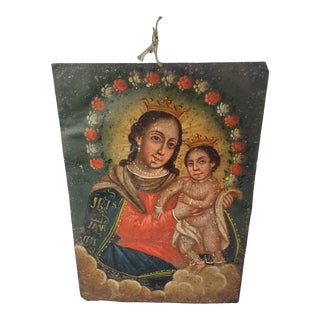 19th Century Spanish Colonial Oil on Tin Retablo Devotional Icon Painting Mexican Religious Folk Art For Sale