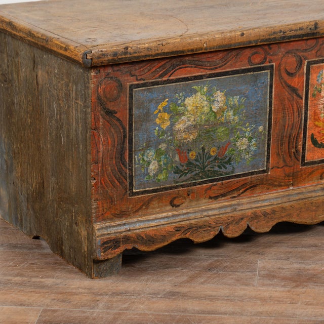 Brown Long Narrow Hand Painted Pine Trunk Bench, Dated 1889 For Sale - Image 8 of 16