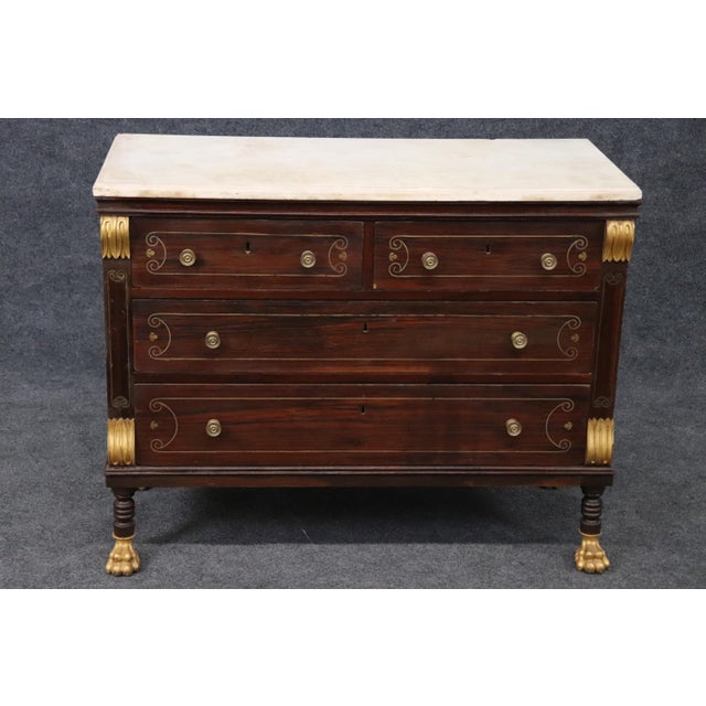 Late 19th Century Rare Russian Gilded Marble Top Mahogany Paw Foot Commode With Brass Inlay For Sale - Image 5 of 11