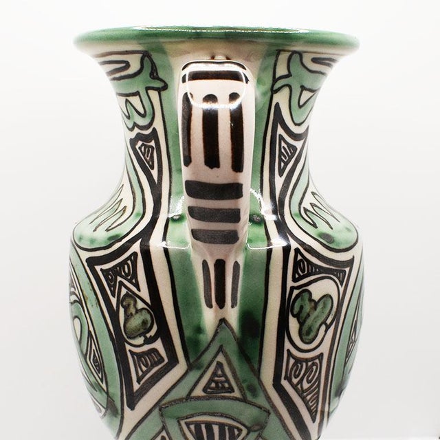 Mid-Century Ceramic Vase in Green Black & Cream Signed - Spain For Sale - Image 4 of 5